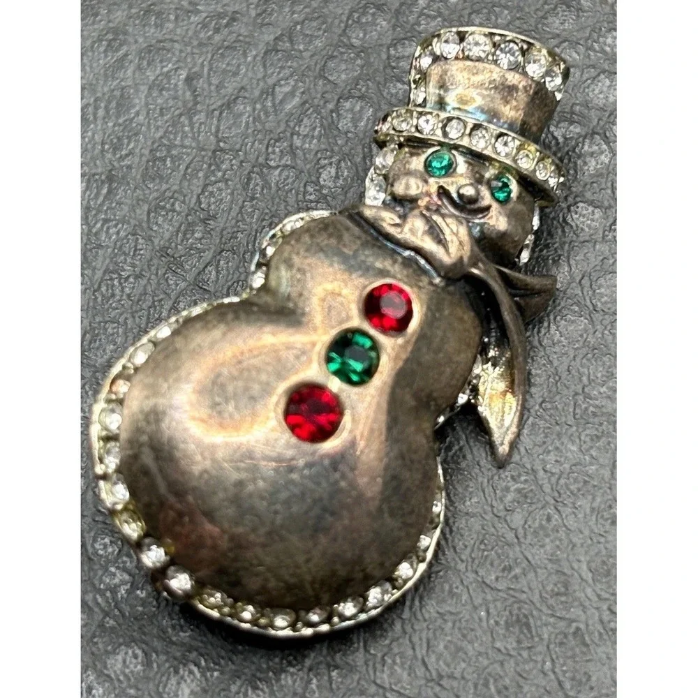 VTG Jez Sterling Silver 925 Snowman Brooch Red Green Rhinestone Christmas Pin